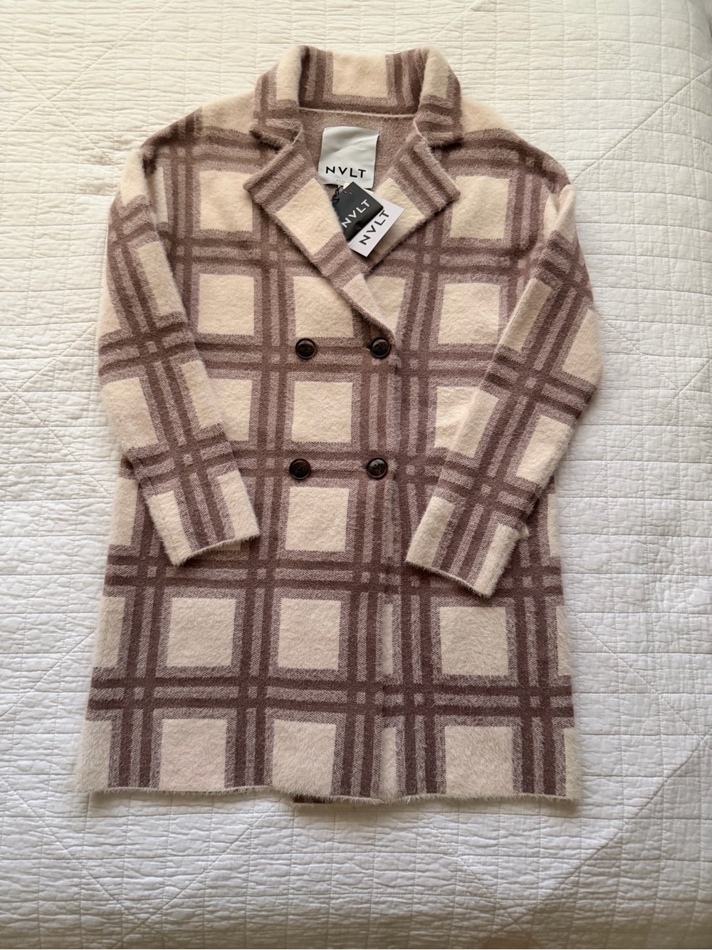 NVLT Cream & Brown Plaid Double-Breasted Coat